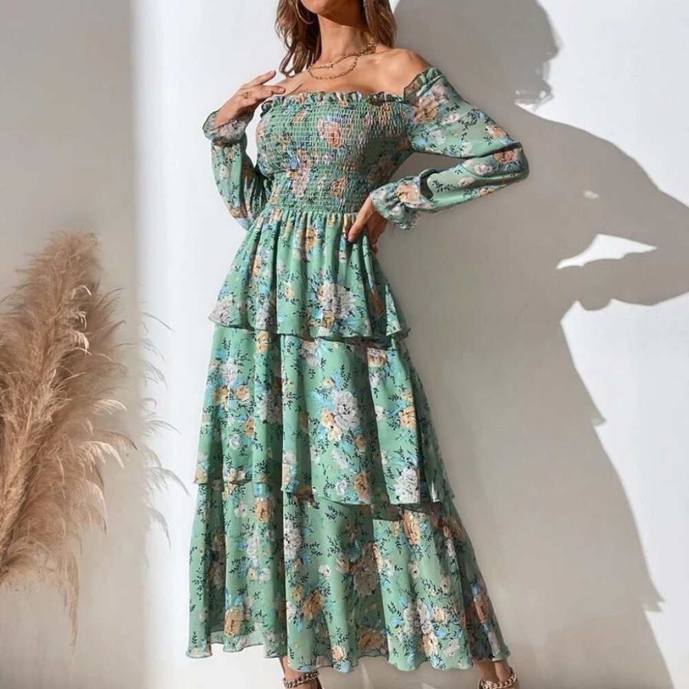 green Off The Shoulder Shirred Layered Hem Floral Printed Dress - Picture 5 of 8